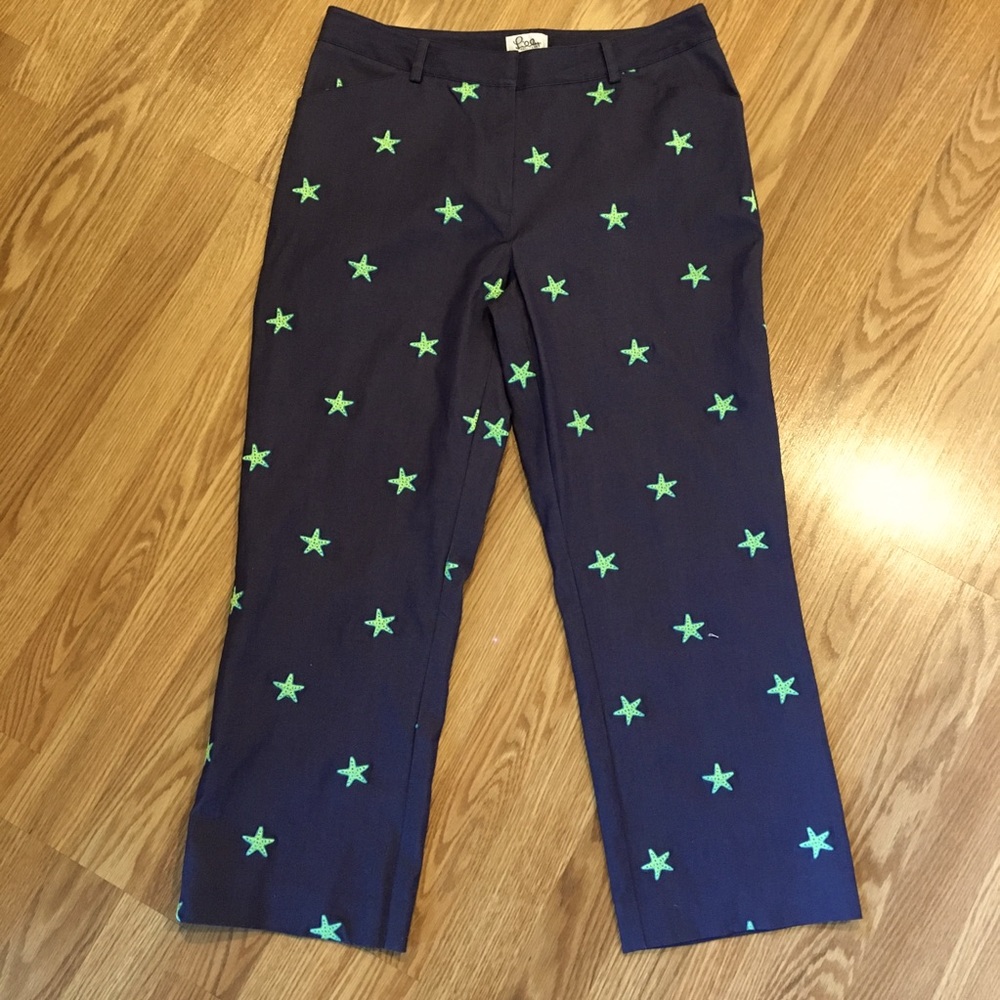 Lilly Pulitzer vintage dark chambray embroidered Starfish cropped Pant size 6